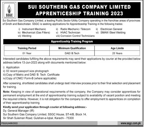 Apprenticeship Program 2023 At Sui Southern Gas Company Limited