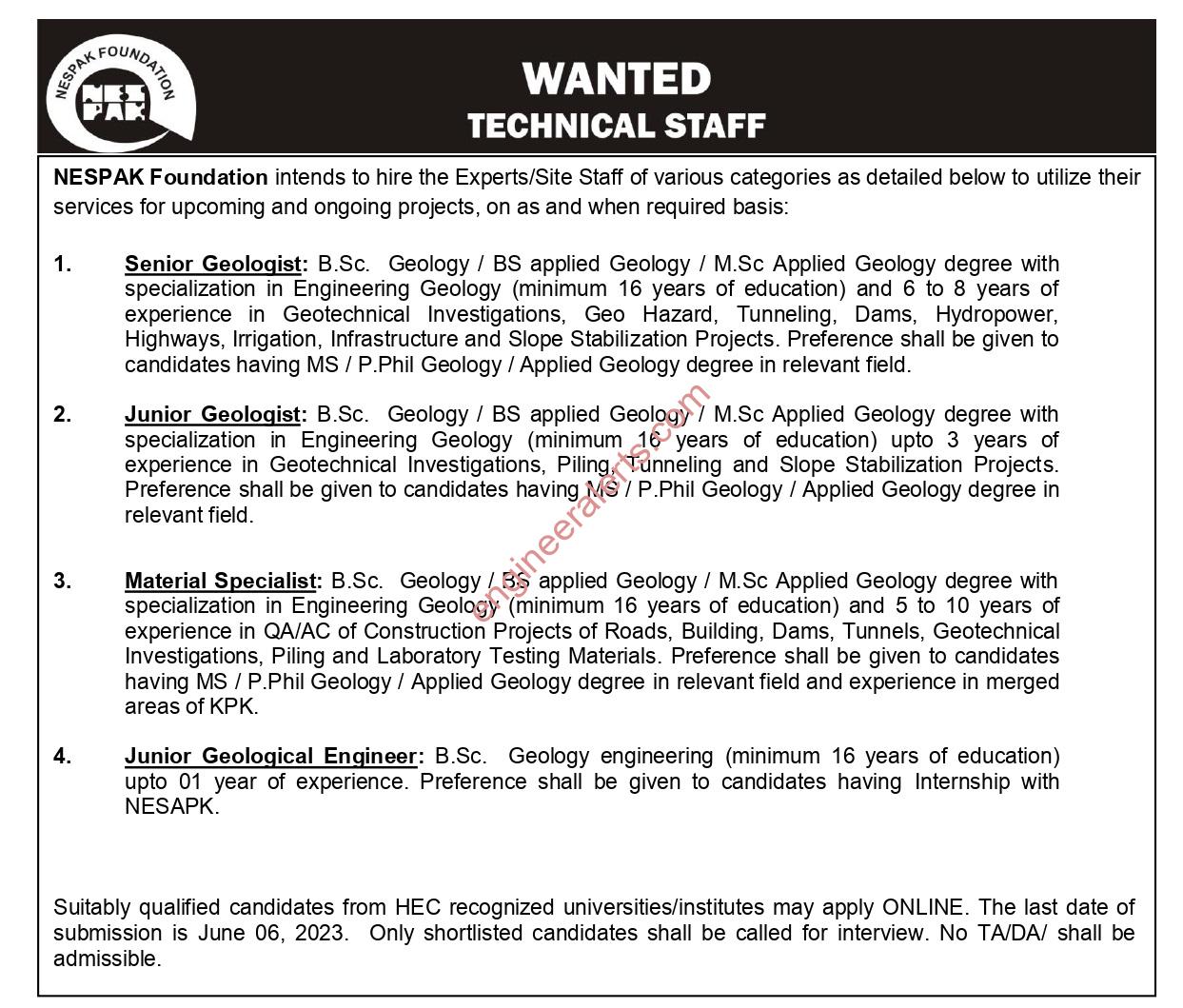 Jobs in NESPAK Foundation Technical Staff Islamabad 2023