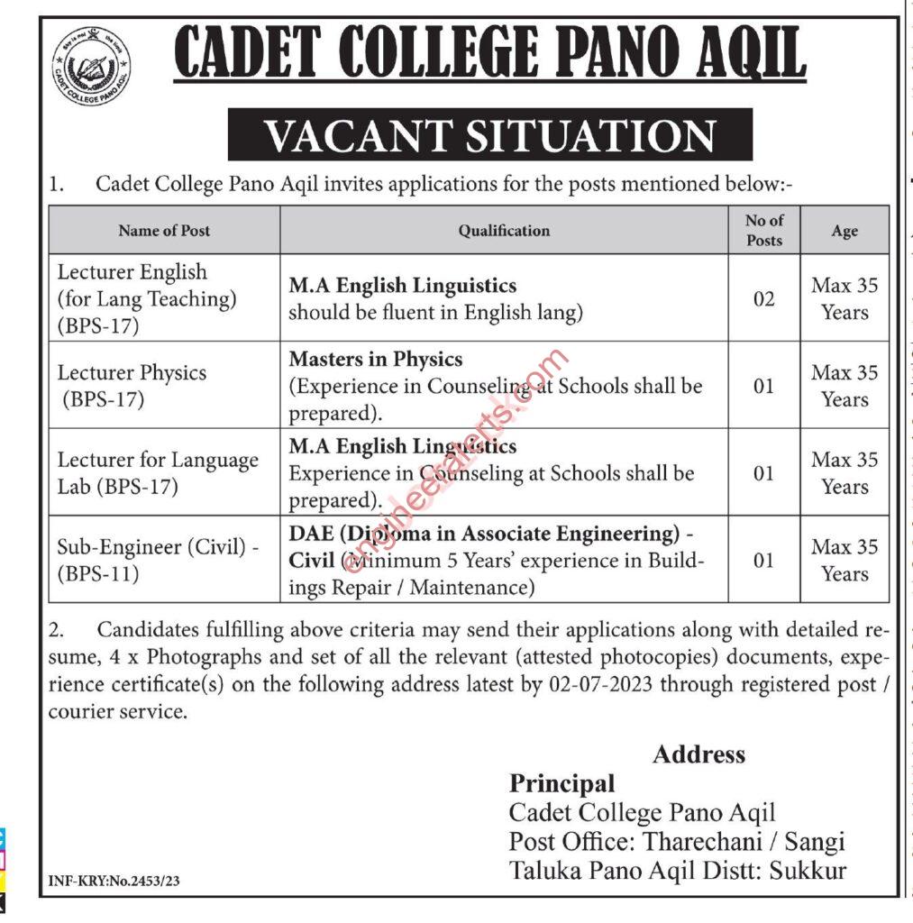 Cadet College Pano Aqil Jobs 2023 