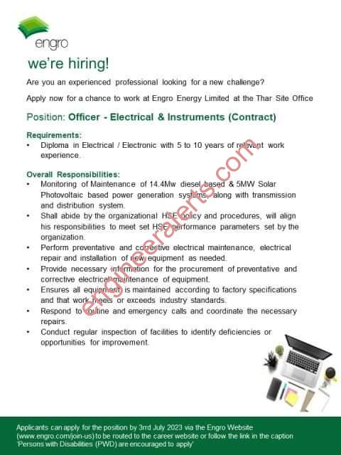 Electrical & Instruments Officer Jobs in Engro 2023