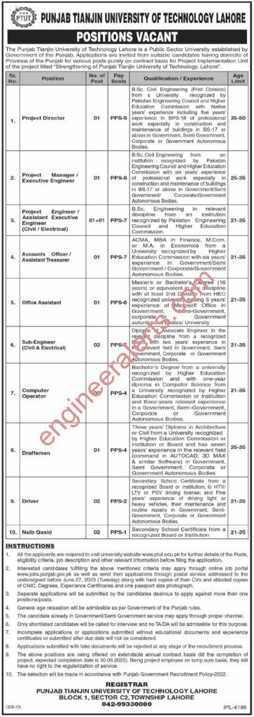 PTUT Punjab Tianjin University Of Technology Lahore Jobs June 2023