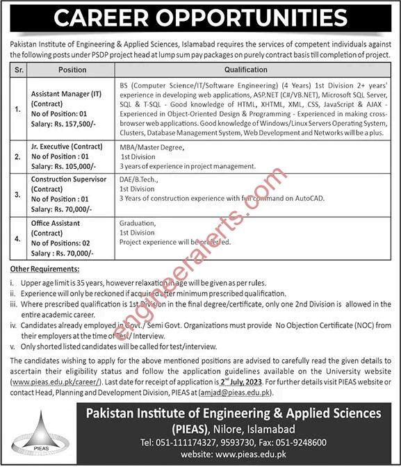 Pakistan Institute Of Engineering & Applied Sciences (PIEAS) Jobs 2023