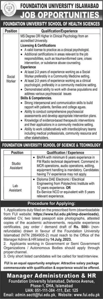  Foundation University Islamabad Jobs July 2023