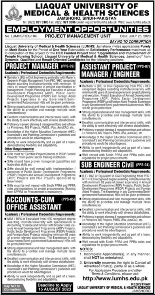 Liaquat University Of Medical And Health Sciences Jobs 2023