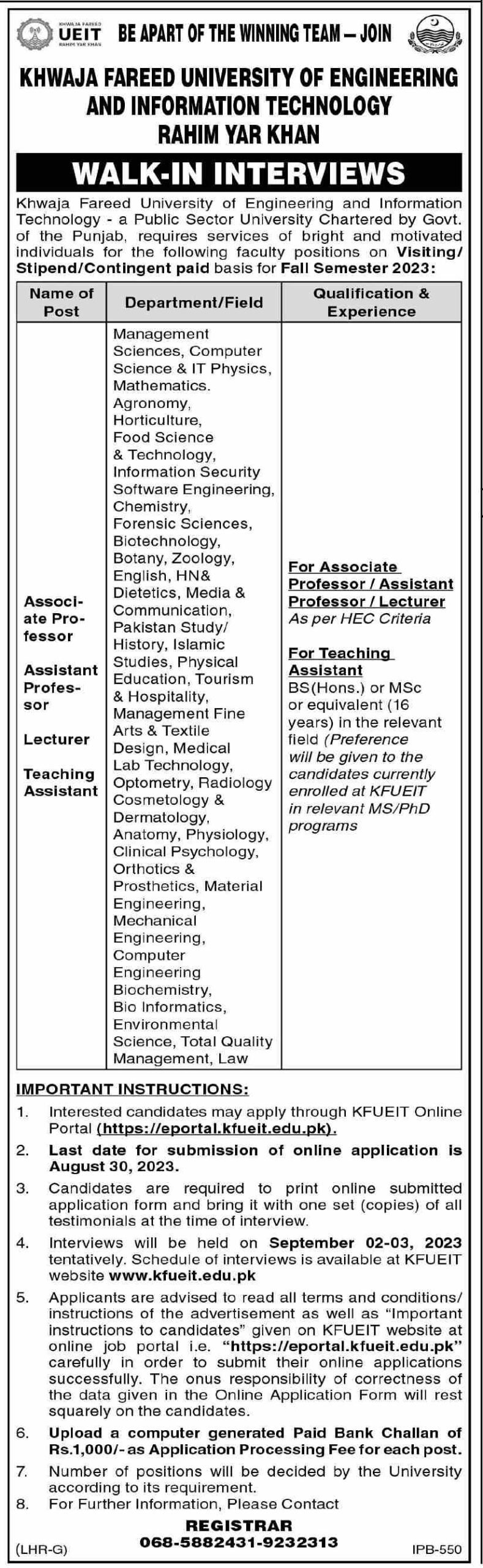 Khawaja Fareed UEIT Teaching Job 2023