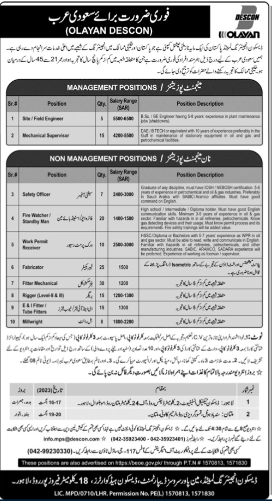 Descon Jobs 2023 July for Saudi Arabia