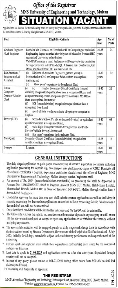 MNS University of Engineering and Technology Multan Jobs 2023