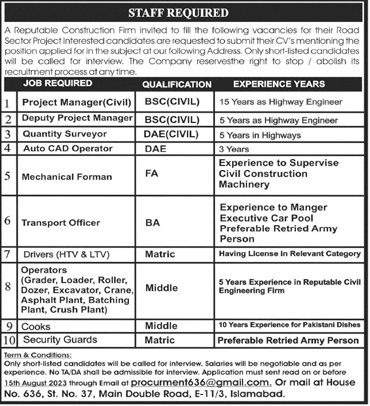 Construction Company Islamabad Jobs 2023