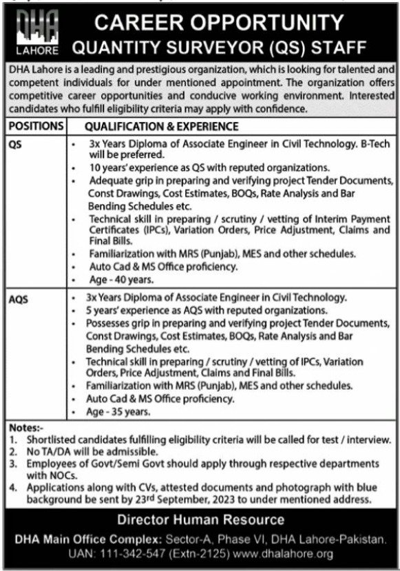 Defence Housing Authority DHA Lahore Jobs