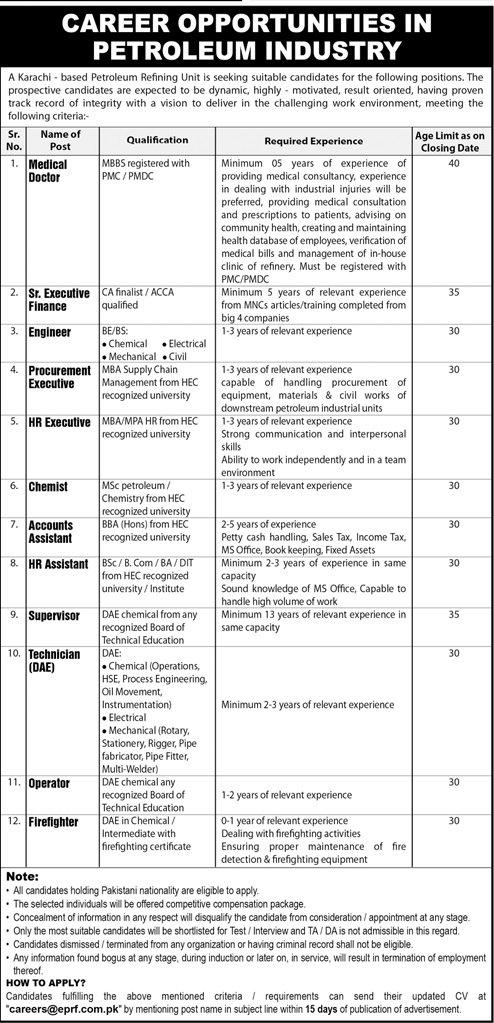 Petroleum Refining Industry Karachi Jobs