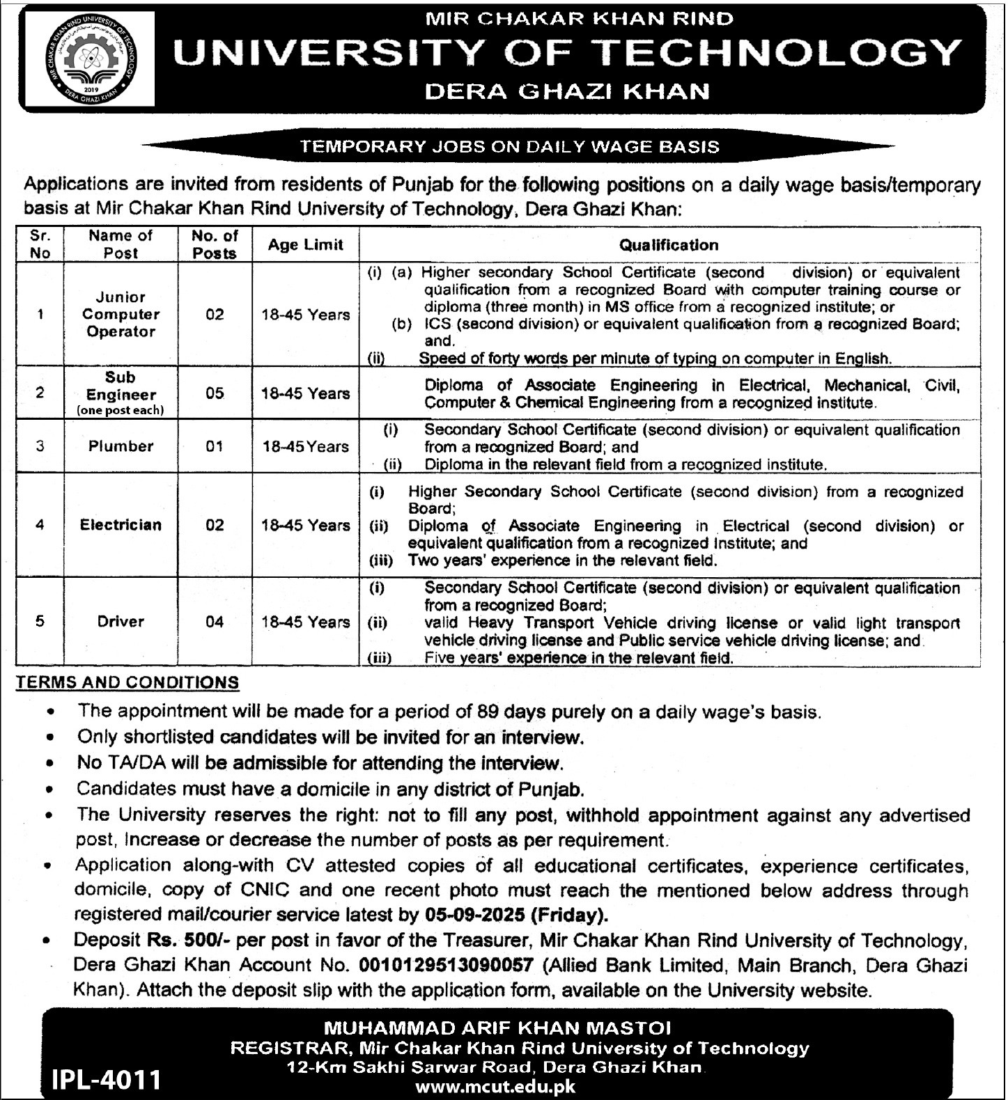 University Of Technology Dera Ghazi Khan Jobs