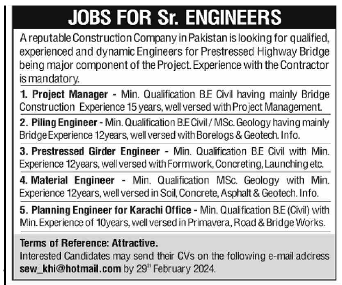 Construction Company Pakistan Jobs