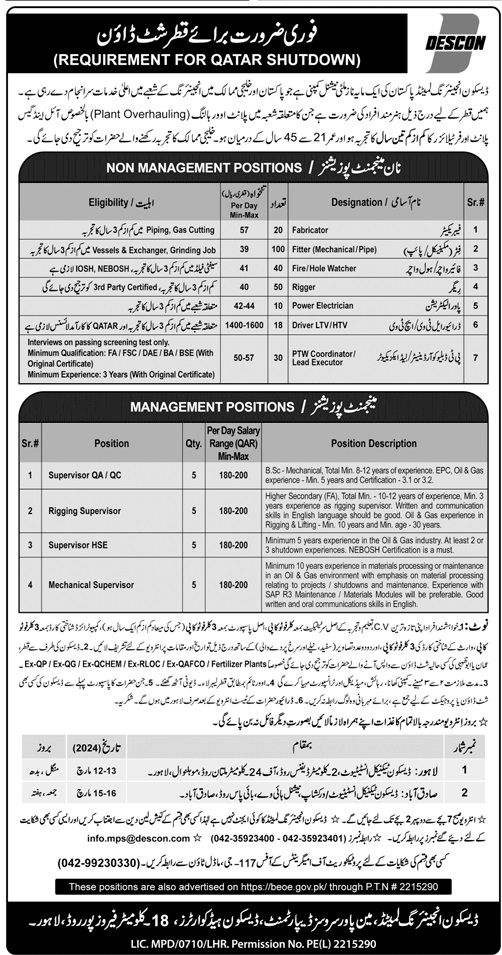 DESCON Engineering SHUTDOWN Jobs 2024 QATAR