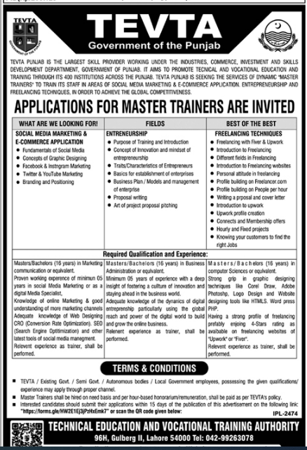 TEVTA Jobs 2024 For Master Trainers