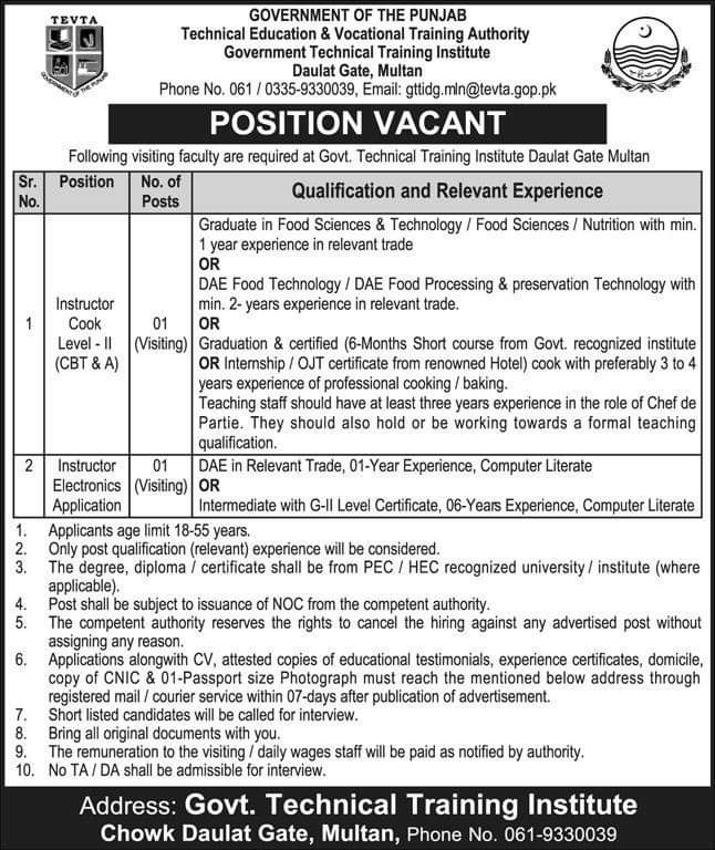 TEVTA Jobs 2024 at Government Technical Training Institute Daulat Gate, Multan