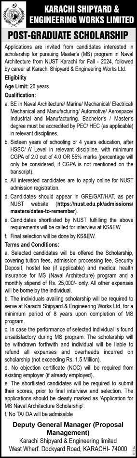 Post Graduate Scholarship 2024 Karachi Shipyard & Engineering