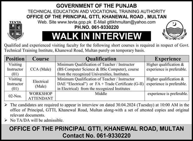 TEVTA Jobs 2024 Govt. Technical Training Institute Multan