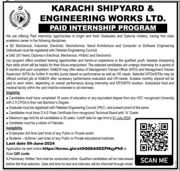 KARACHI SHIPYARD PAID INTERNSHIP PROGRAM 2024