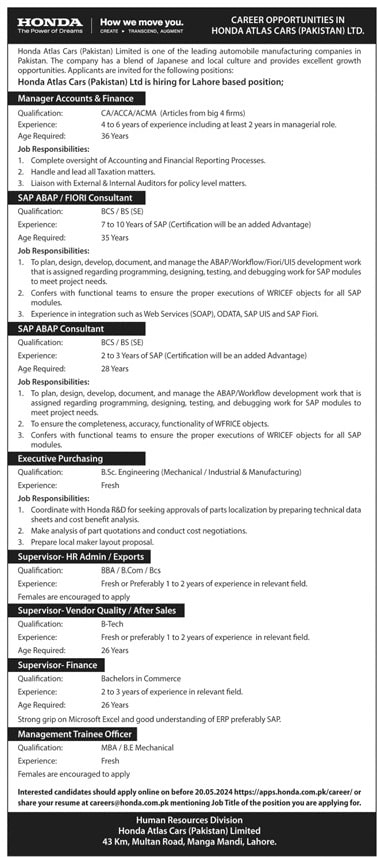 Management Trainee Honda Atlas Pakistan Jobs 2024