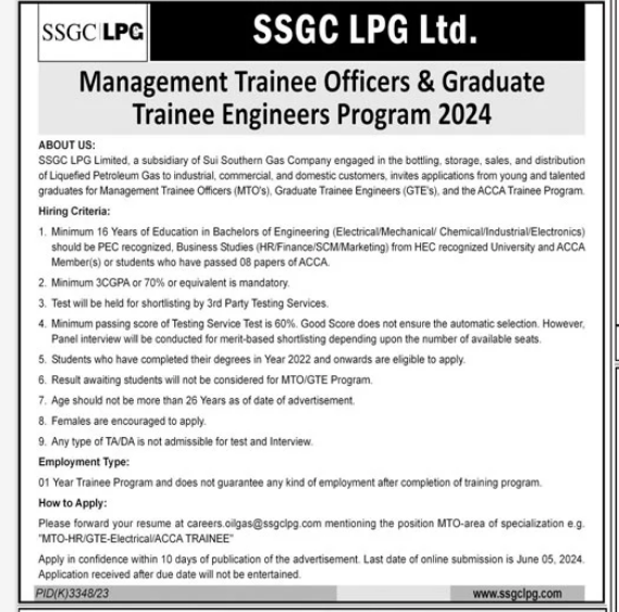 SSGC Management and Graduate Trainee Engineers Program 2024