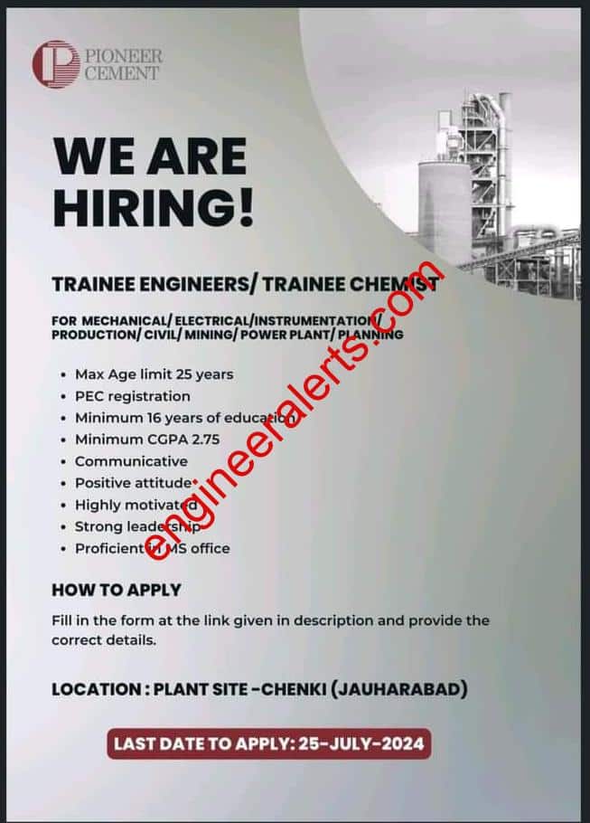 Pioneer Cement Hiring Trainee Engineers & Chemists