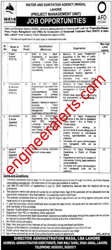 WASA Lahore Hiring: Project Director, Specialists | Apply Now