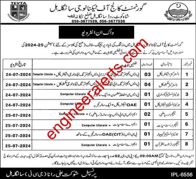 Walk-in Interviews at TEVTA GCT Sangla Hill