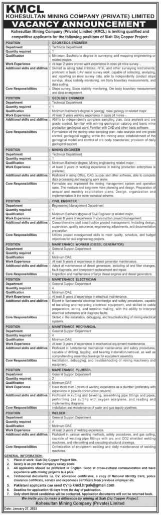 Kohesultan Mining Company Limited KMCL Jobs 2025 