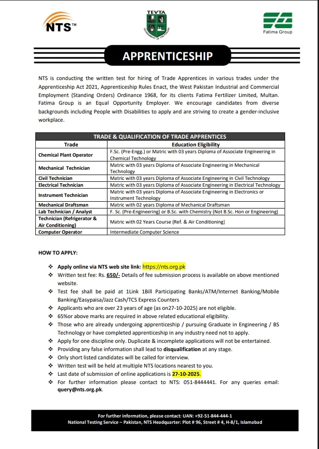 Fatima Fertilizer Apprenticeship 2025 Online Apply via NTS