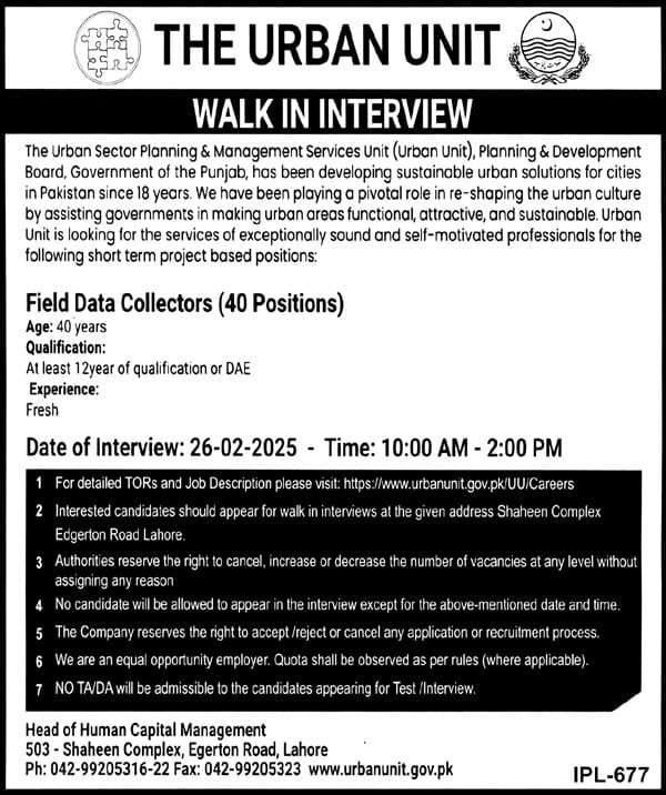 Walk in Interview for Urban Unit Jobs