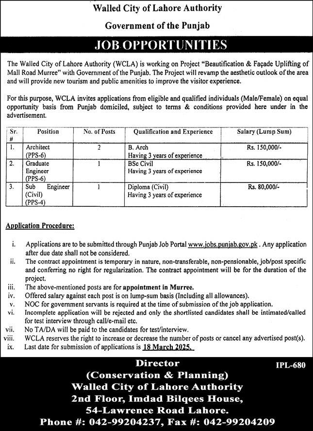 Walled City Of Lahore Authority Jobs Online Apply 2025