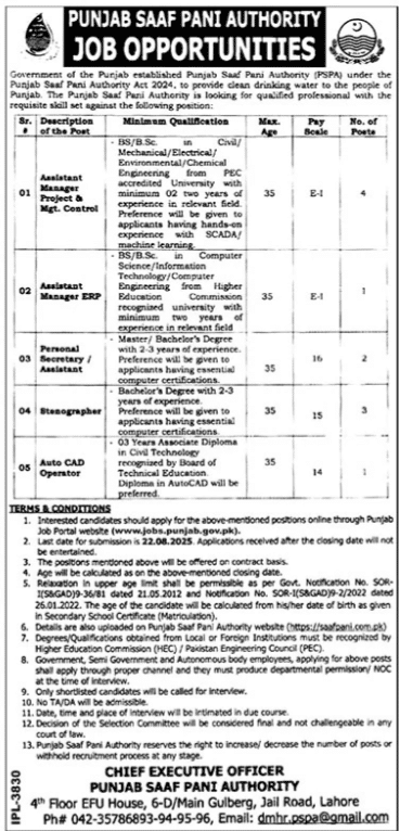 Punjab Saaf Pani Authority Jobs